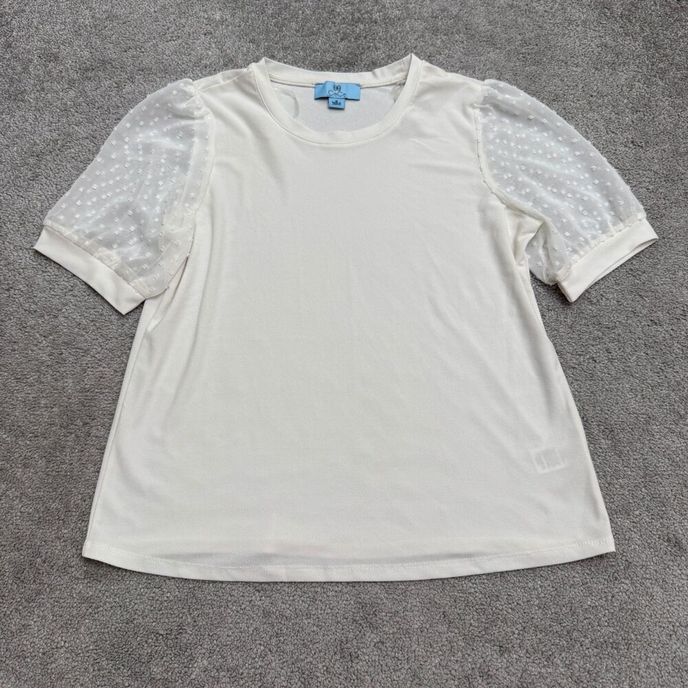 CeCe Swiss Dot Puff Sleeve Blouse Womens Medium White Stretch Casual Top